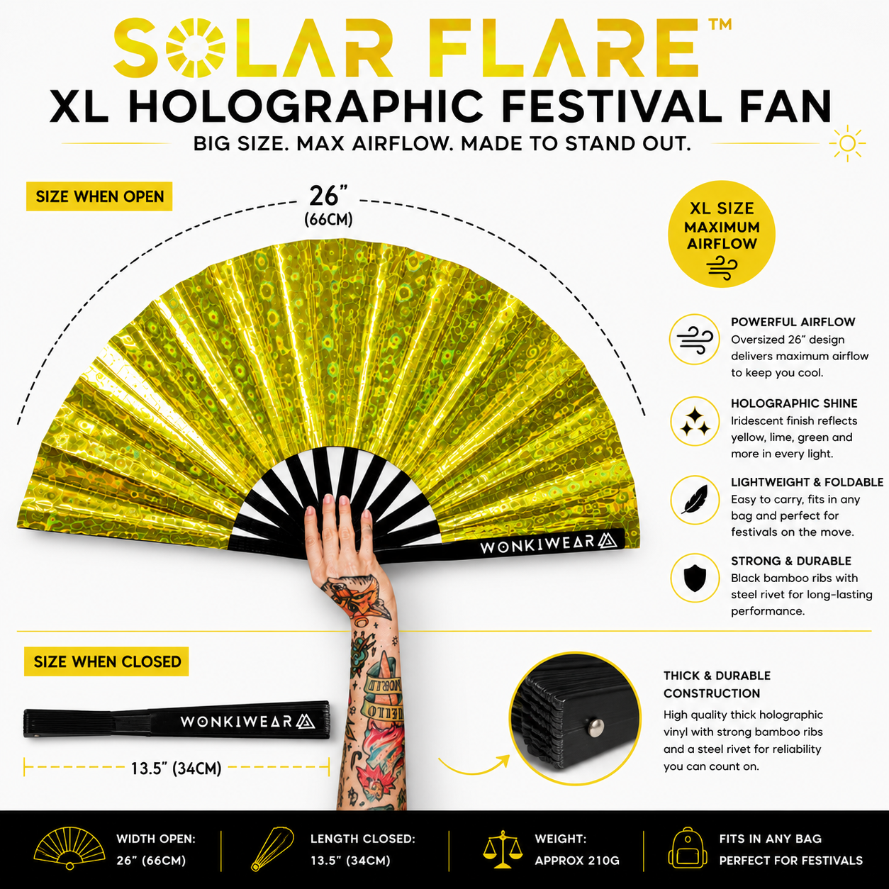 Size guide showing dimensions of Solar Flare XL holographic festival fan