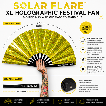 Size guide showing dimensions of Solar Flare XL holographic festival fan