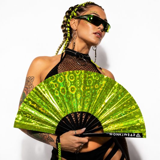 Festival model holding Solar Flare holographic XL rave fan