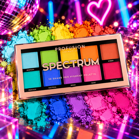 Profusion Spectrum 10 Shade Pro Pigment Palette featuring vivid rainbow shades styled for colourful rave and festival makeup