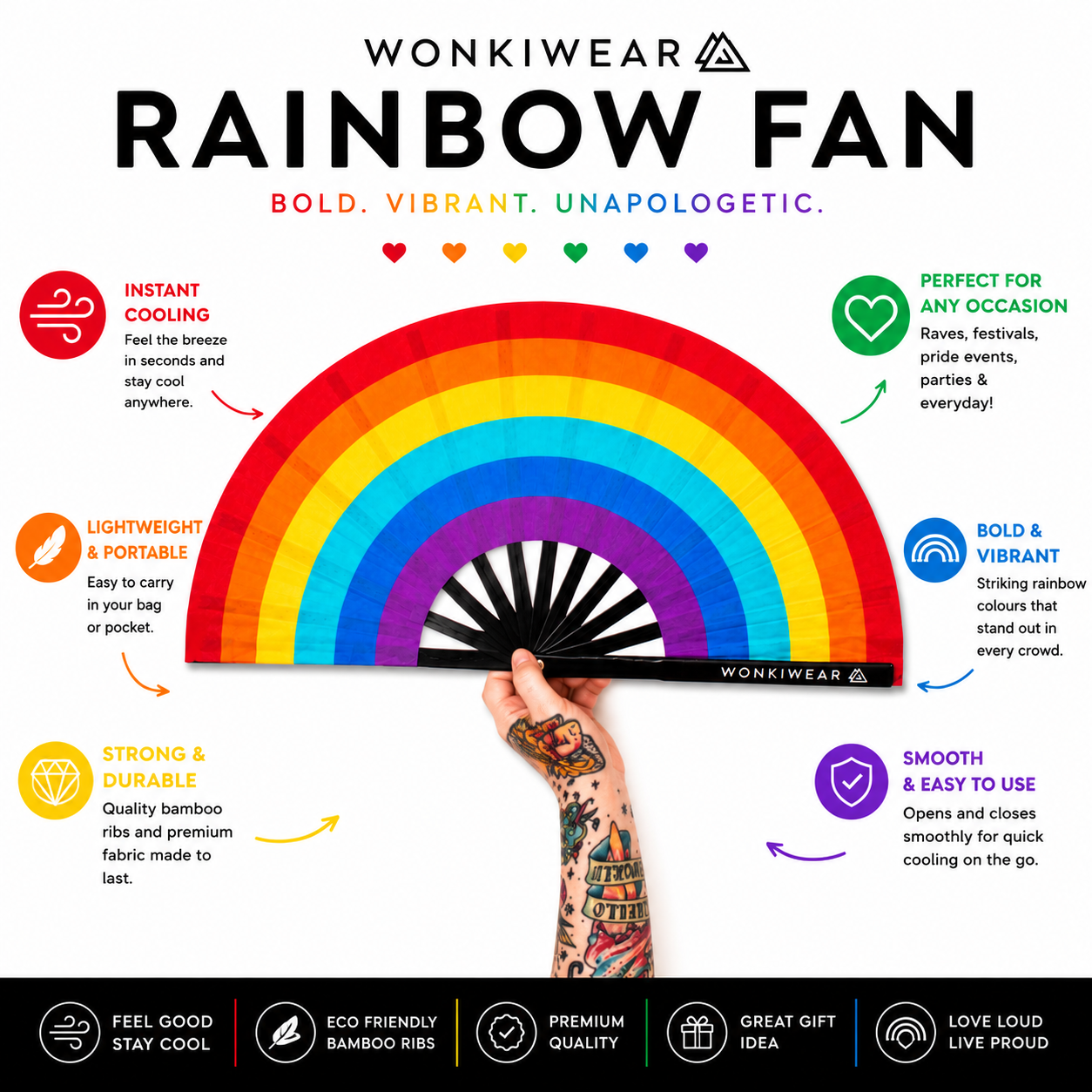 Benefits of the Spectrum Rainbow XL folding festival fan including powerful airflow and bamboo ribs