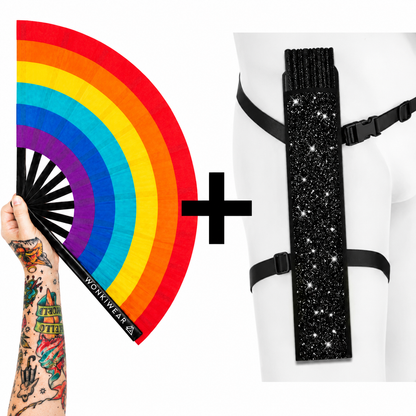 Spectrum Rainbow XL festival fan with optional black glitter fan holster