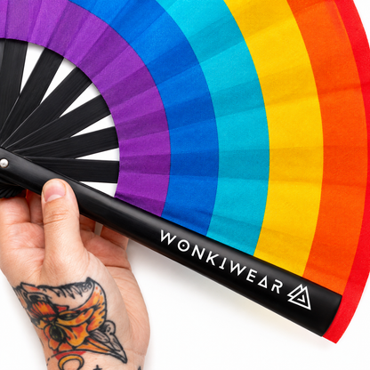 Close-up of vibrant rainbow spectrum fabric on XL folding festival fan