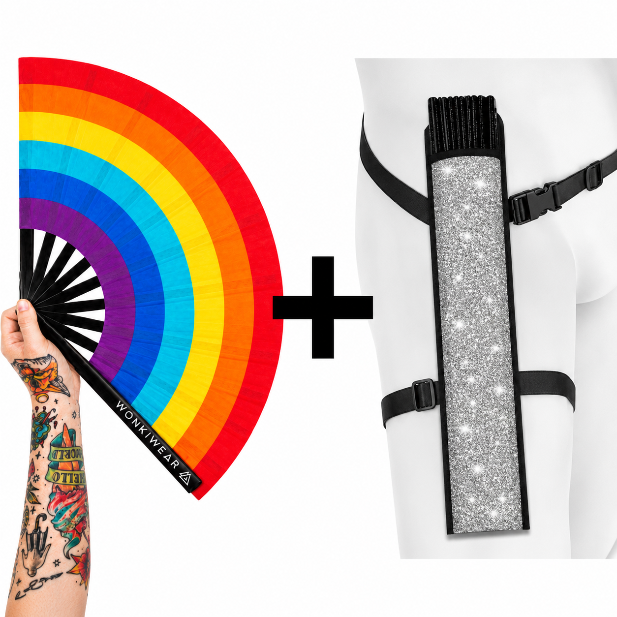 Spectrum Rainbow XL festival fan with optional silver glitter fan holster