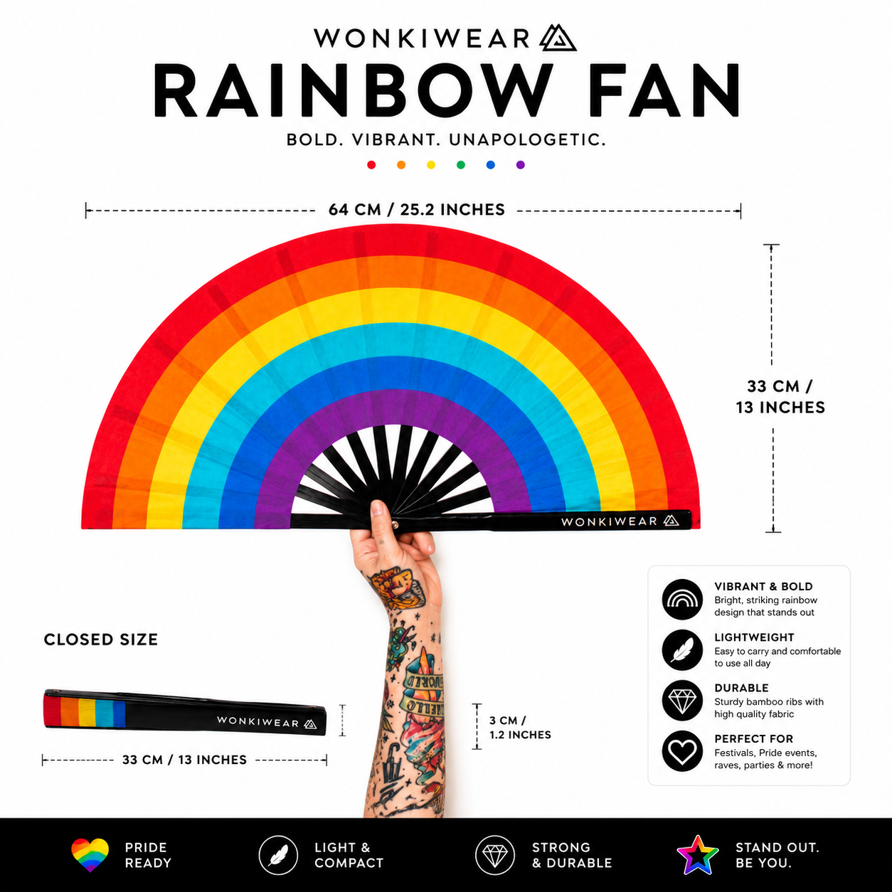 Spectrum Rainbow XL folding fan size guide showing overall dimensions