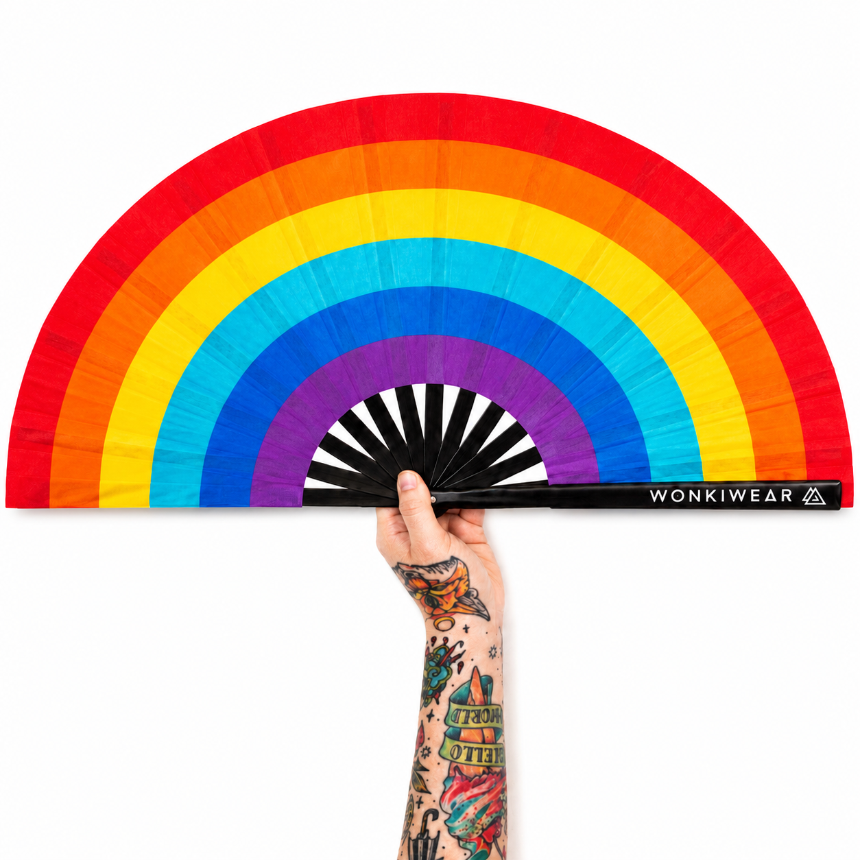 Spectrum Rainbow XL festival folding hand fan with black bamboo ribs by WonkiWear
