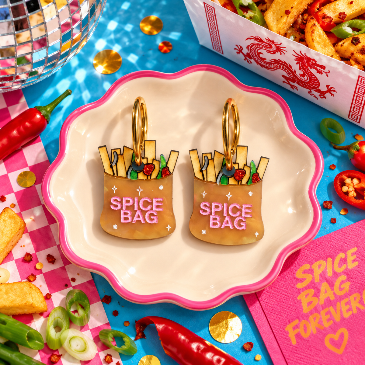 Spice Bag hoop earrings with chip, pepper and spicy food details by Cuteryko
