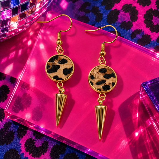 Spiked leopard print cork earrings with gold stainless-steel spike drops by Trend Tonic