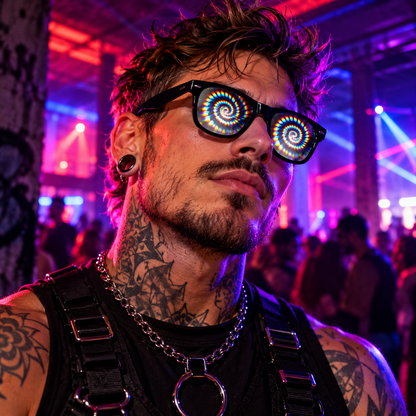 Male rave model wearing black spiral diffraction glasses with colourful hypnotic lenses in a neon-lit underground techno club