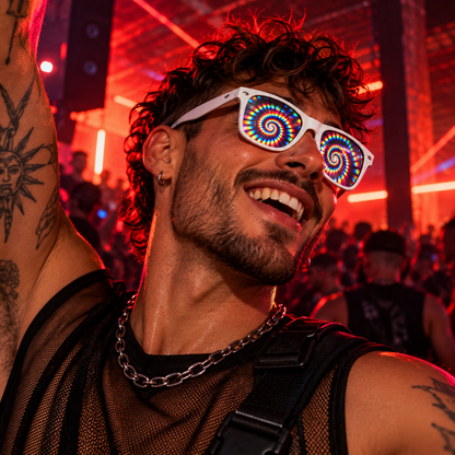 White spiral diffraction sunglasses with rainbow vortex lenses worn by a male techno raver at an underground warehouse rave.