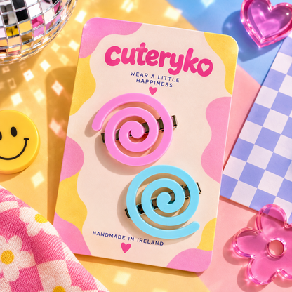 Spiral hair clips set of 2 in pink and blue acrylic by Cuteryko, inspired by Celtic art