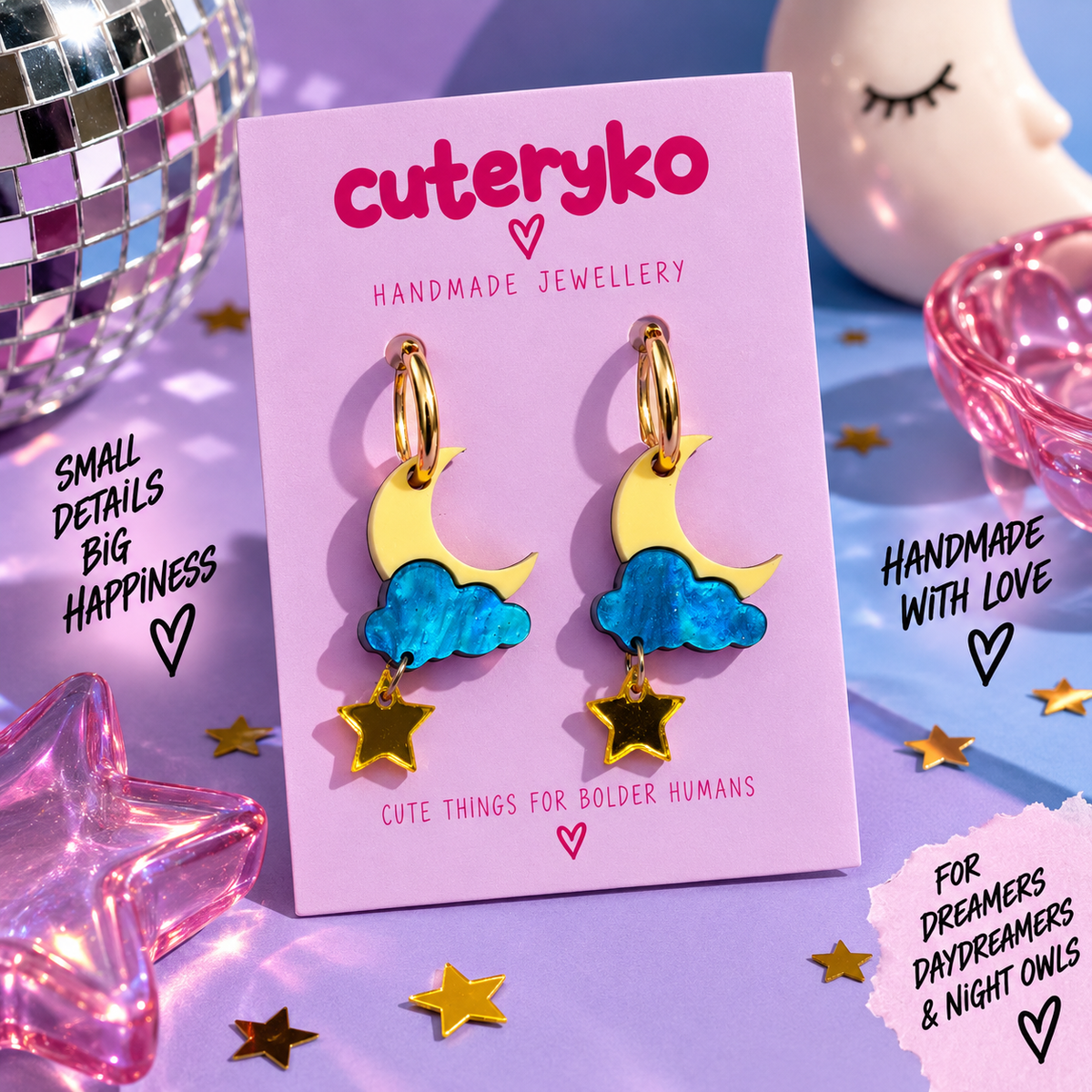 Star and Moon hoop earrings with blue cloud and gold star charms by Cuteryko