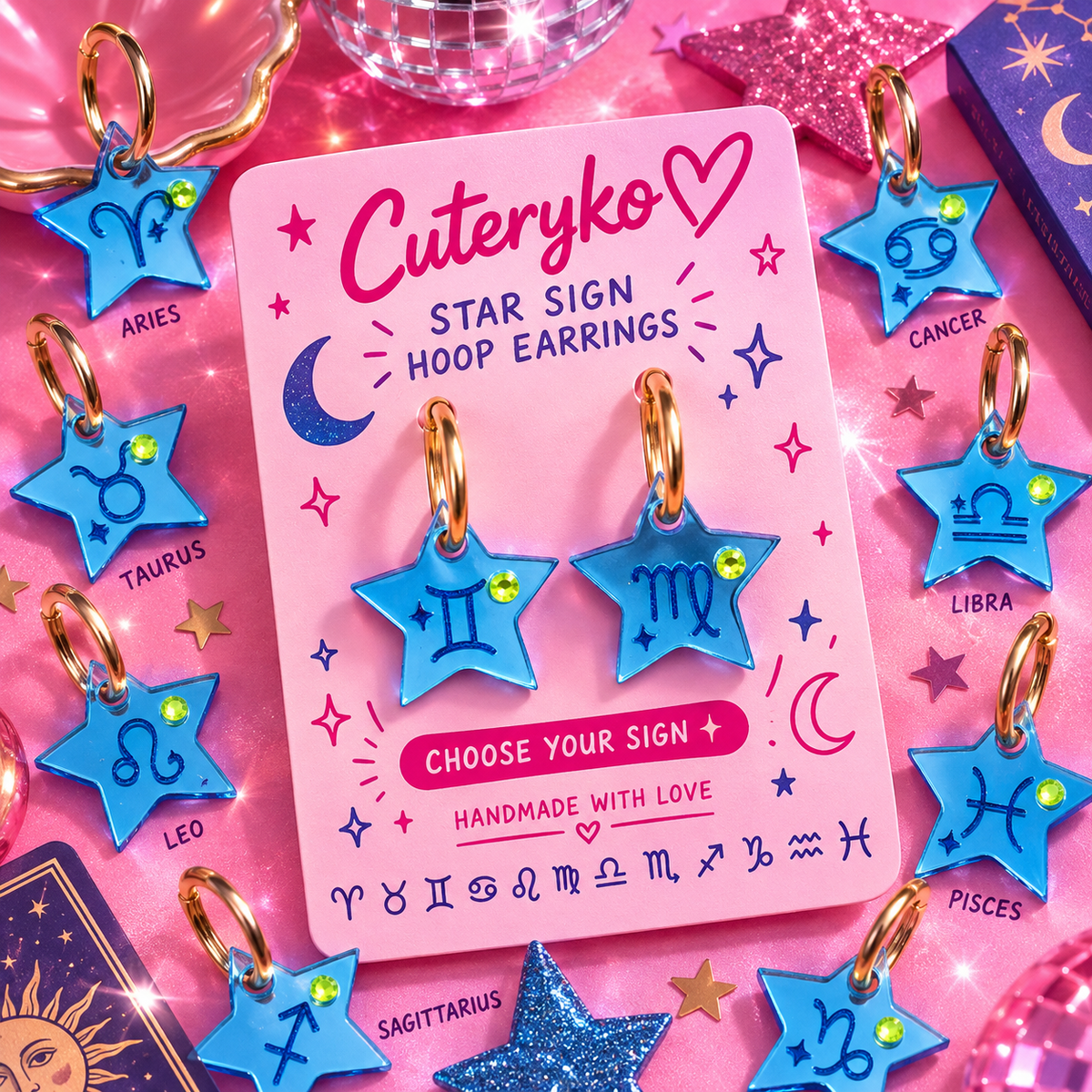 Star Sign hoop earrings with blue zodiac star charms and gold hoops by Cuteryko