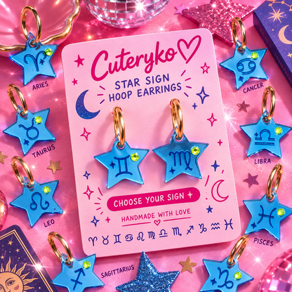 Star Sign hoop earrings with blue zodiac star charms and gold hoops by Cuteryko
