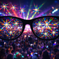 POV through starburst diffraction glasses showing rainbow light explosion effects at a festival with lasers
