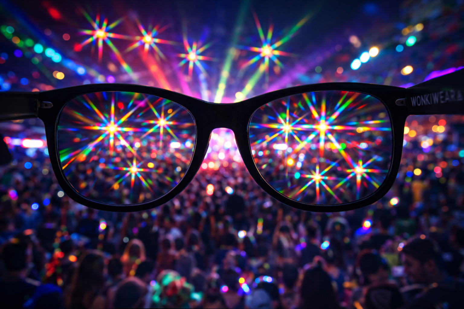 POV through starburst diffraction glasses showing rainbow light explosion effects at a festival with lasers
