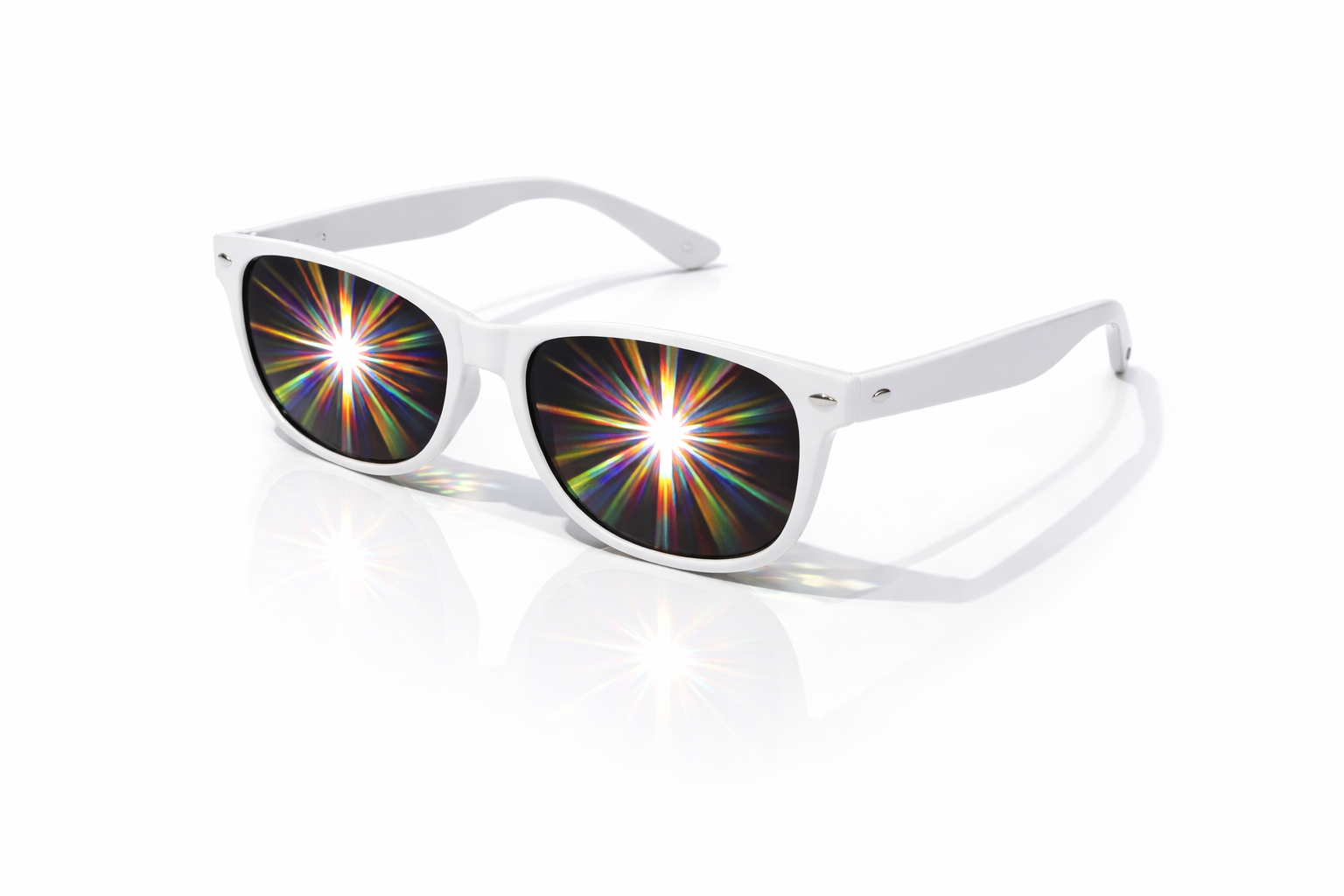White frame starburst diffraction glasses creating rainbow light burst effects on a clean background