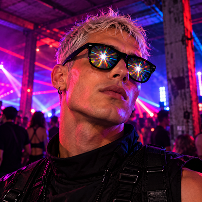 Male rave model wearing black starburst diffraction glasses with colourful rainbow light effects in an underground techno club.