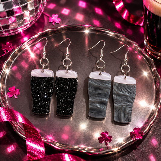 Cuteryko stout earrings in glitter black and cloudy grey marbled pint designs with sterling silver hooks