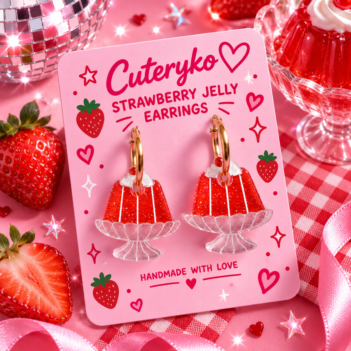 Strawberry Jelly hoop earrings with glittery red jelly dessert charms and strawberry details by Cuteryko