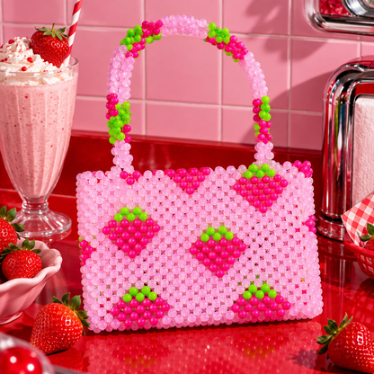 Pink Strawberry Shortcake Bead Bag with colourful strawberry bead details by Cuteryko