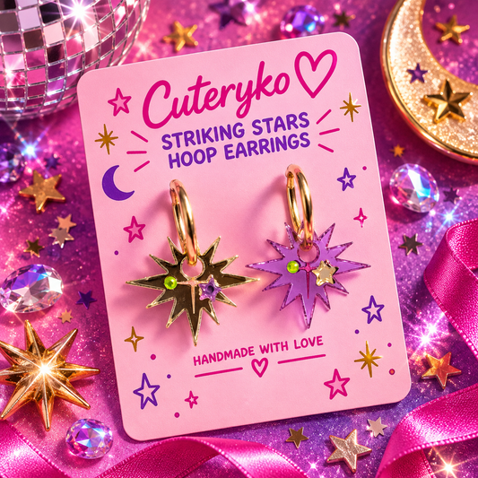 Striking Stars hoop earrings with asymmetrical purple and metallic star charms by Cuteryko