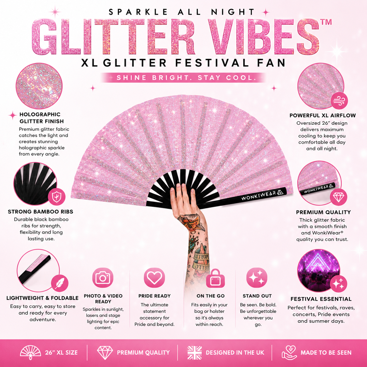Benefits infographic showing glitter finish and XL airflow