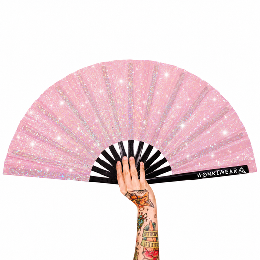 Sugar Sparkle XL pink glitter festival fan with black bamboo ribs