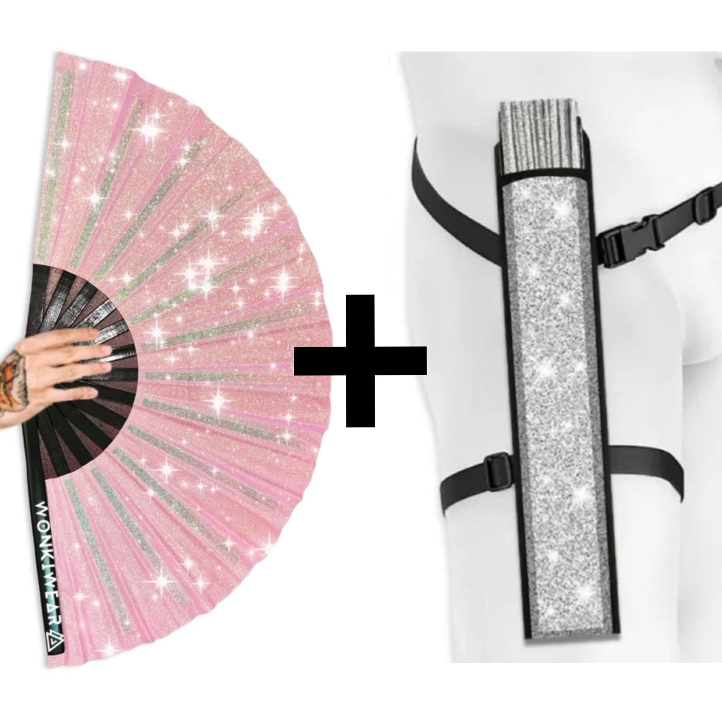 Pink glitter festival fan with optional silver holster bundle