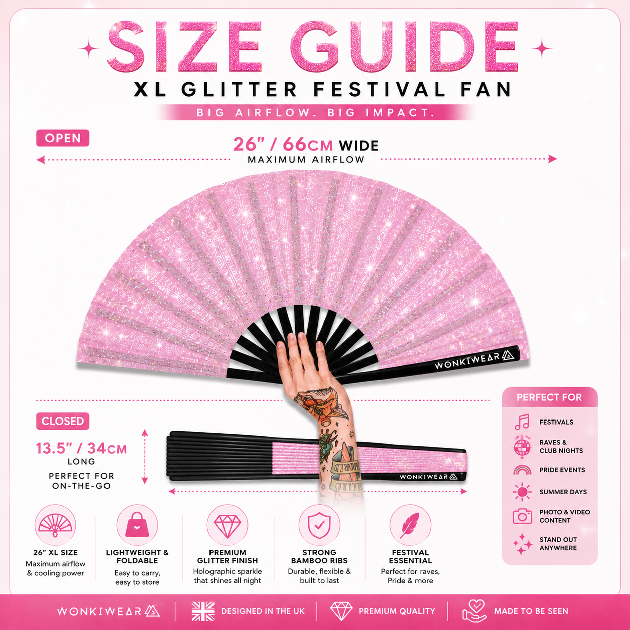 Size guide showing dimensions of Sugar Sparkle XL glitter festival fan