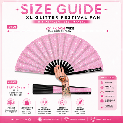 Size guide showing dimensions of Sugar Sparkle XL glitter festival fan