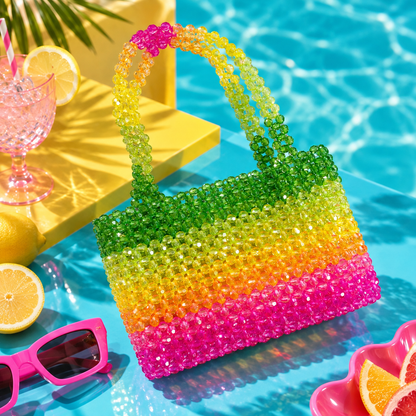 Colourful Summer Day Bead Bag with green yellow orange and pink faceted beads by Cuteryko