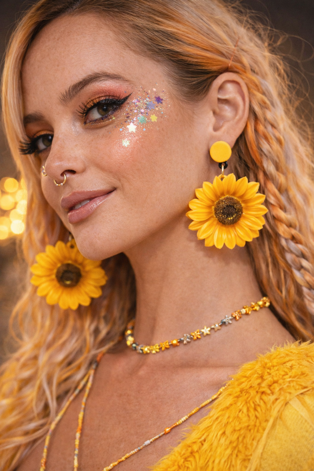 Model wearing sunflower earrings summer outfit