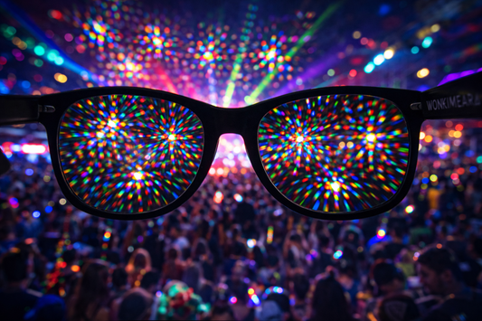 POV through supernova diffraction glasses showing intense rainbow explosion light effects at a festival with lasers