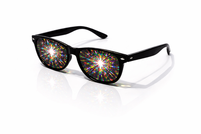 Black frame supernova diffraction glasses creating intense rainbow explosion light effects on a clean background