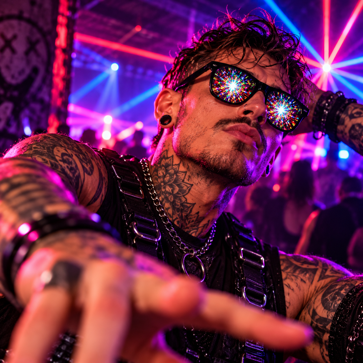 Male rave model wearing black Supernova diffraction glasses with intense rainbow starburst lenses in an underground techno club.