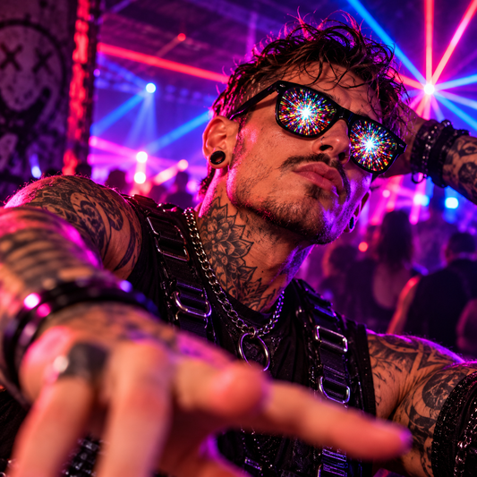 Male rave model wearing black Supernova diffraction glasses with intense rainbow starburst lenses in an underground techno club.