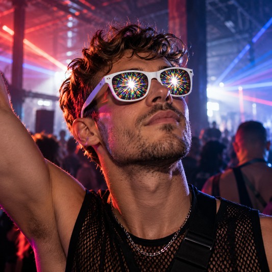 Man wearing white Supernova diffraction glasses with vivid rainbow starburst lenses at an underground techno rave.
