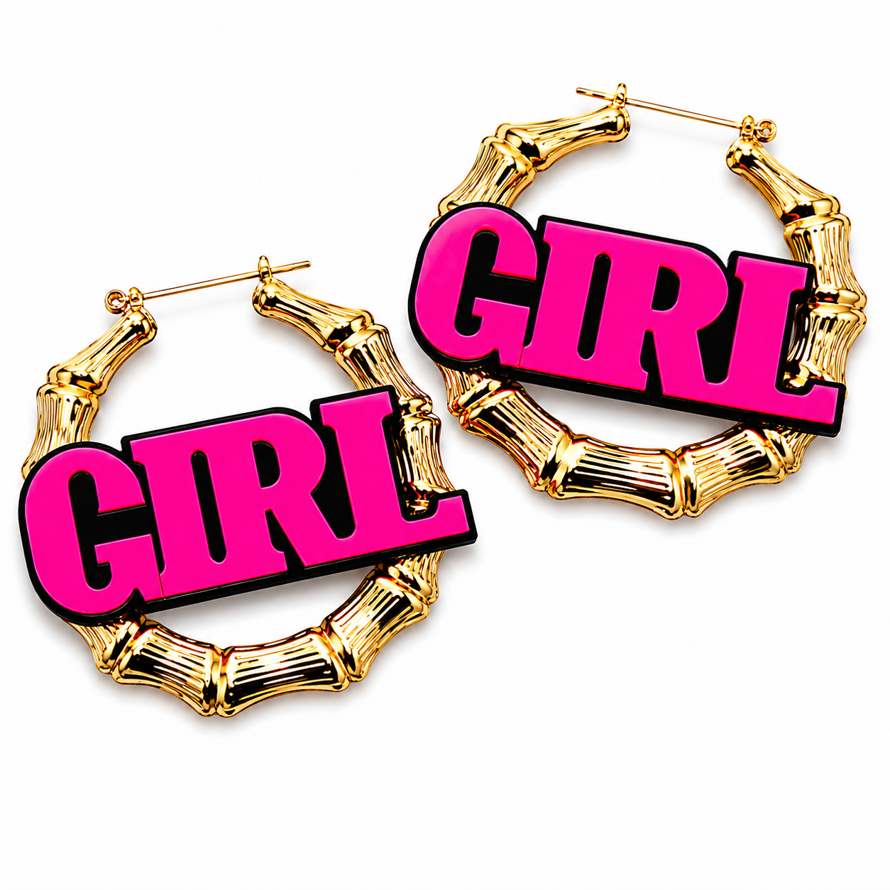 Supersized neon pink GIRL bamboo hoop statement earrings on white background