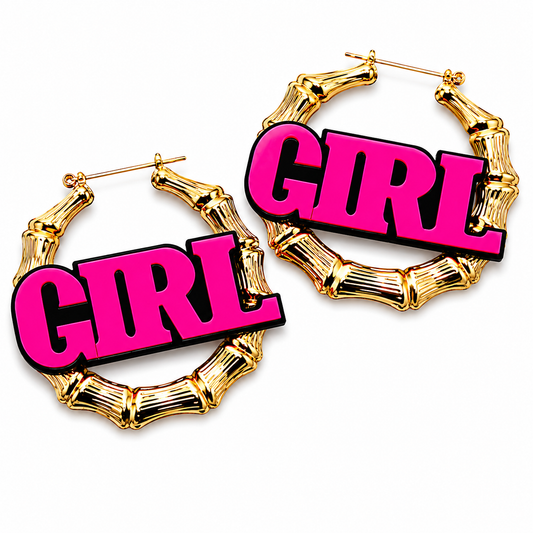 Supersized neon pink GIRL bamboo hoop statement earrings on white background