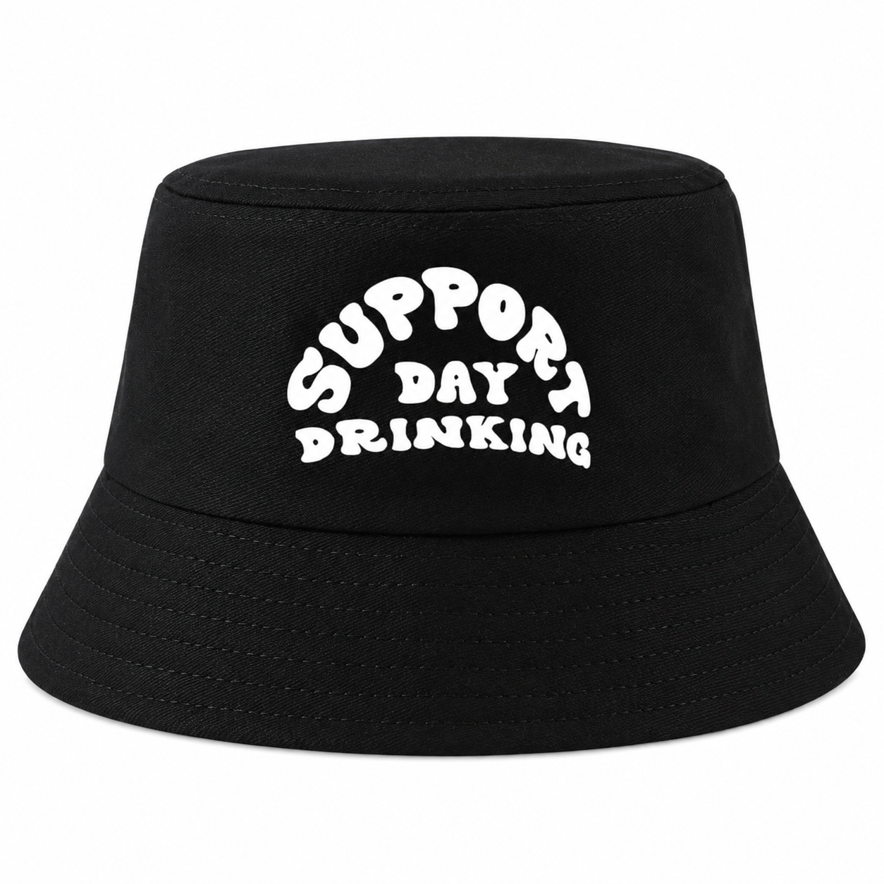 Support Day Drinking black bucket hat with retro white slogan front view