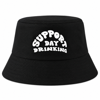 Support Day Drinking black bucket hat with retro white slogan front view