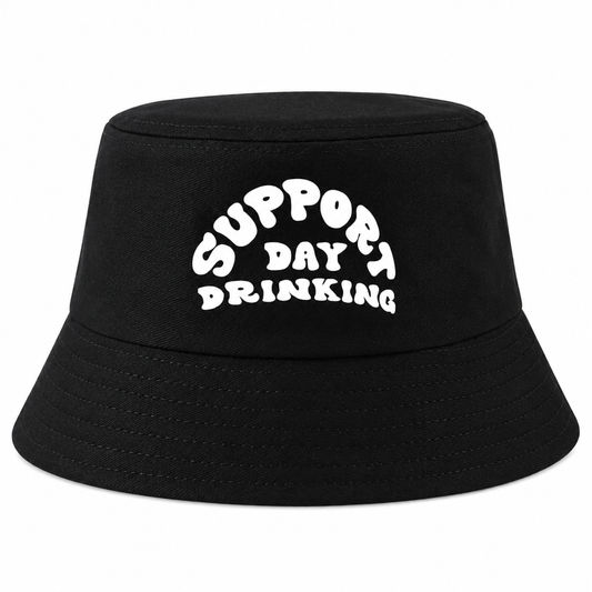 Support Day Drinking black bucket hat with retro white slogan front view