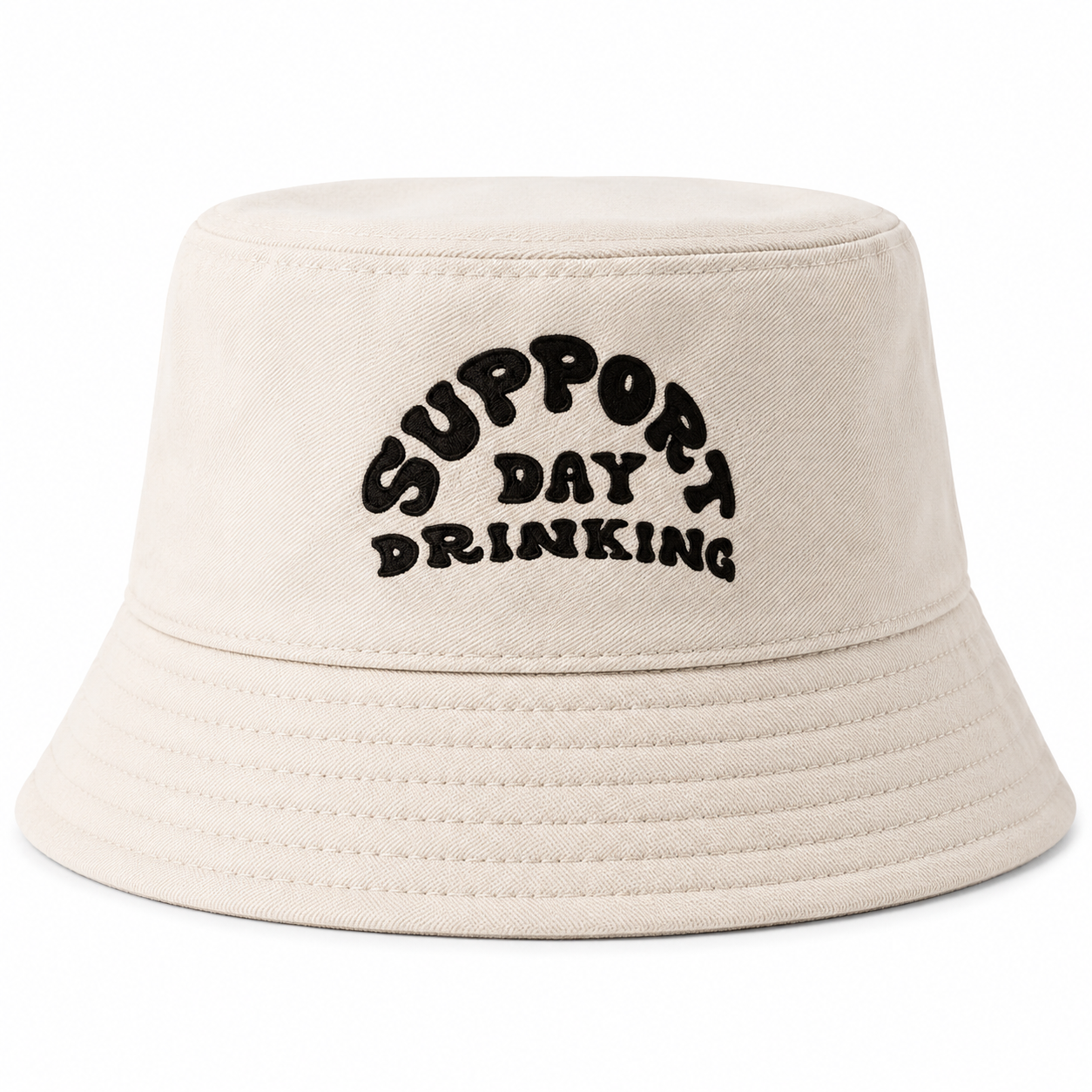 Front view of off white Support Day Drinking embroidered bucket hat