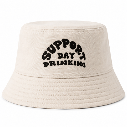 Front view of off white Support Day Drinking embroidered bucket hat