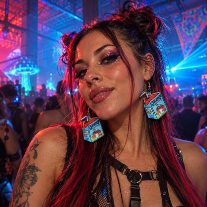 Woman wearing blue Swamp Broth drink carton statement earrings at a neon rave