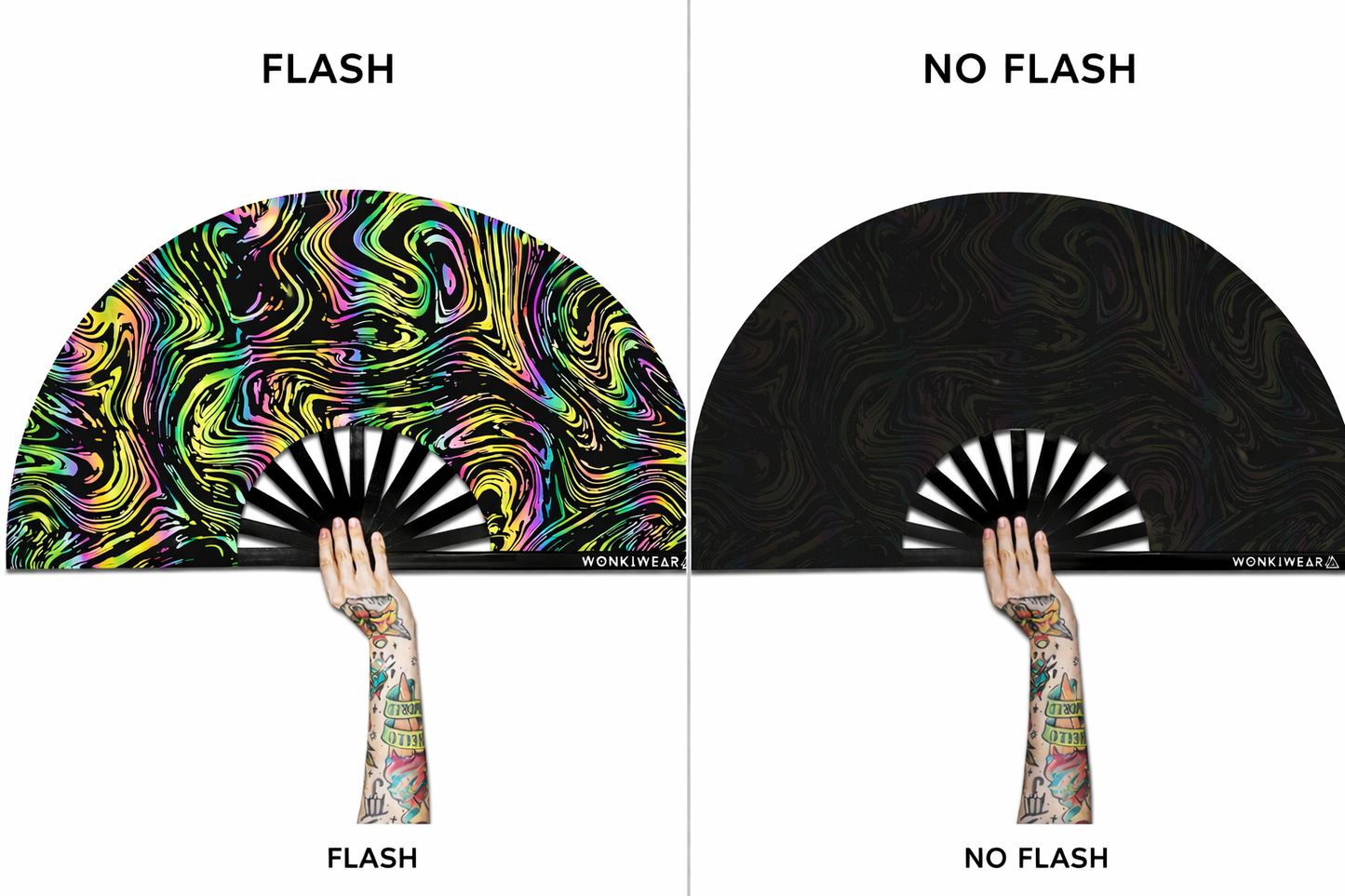 Comparison of flash reflective swirl festival fan with flash lighting and without flash
