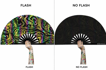 Comparison of flash reflective swirl festival fan with flash lighting and without flash