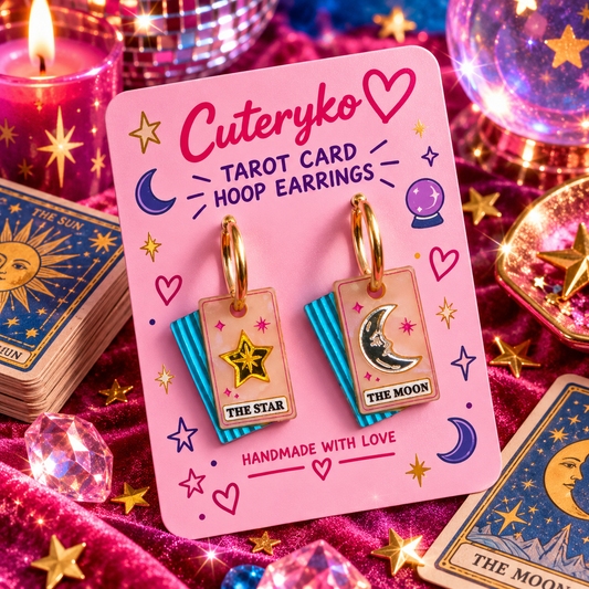 Tarot Card hoop earrings featuring The Star and The Moon celestial card charms by Cuteryko