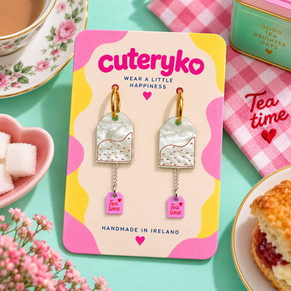 Tea Bag Hoop Earrings with pearlescent tea-bag charms and pink Tea time tags by Cuteryko